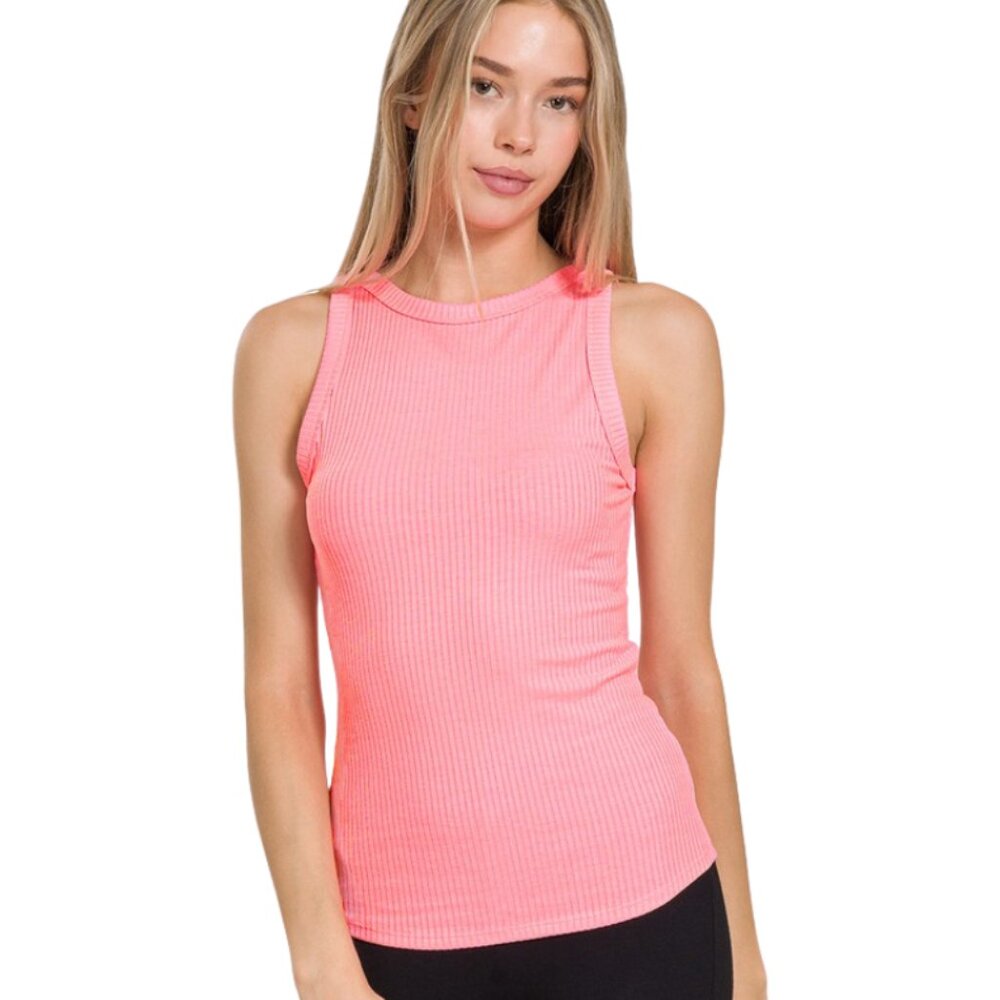 Zenana Ribbed Crew Neck Tank in Bright Pink